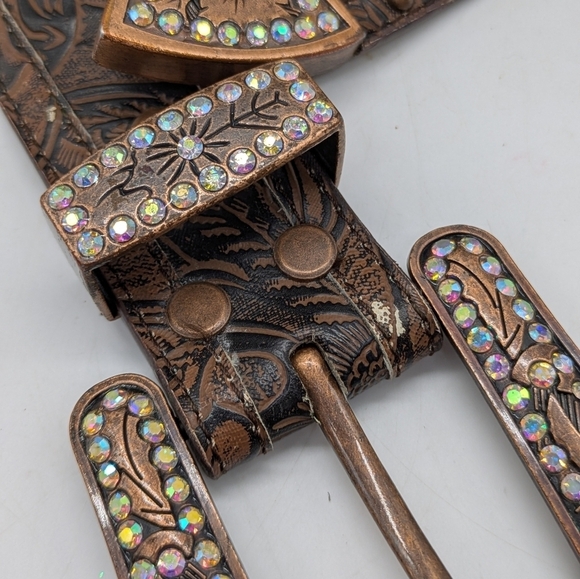 RODS Brown Blue Beaded Rhinestone Leather Belt XL
